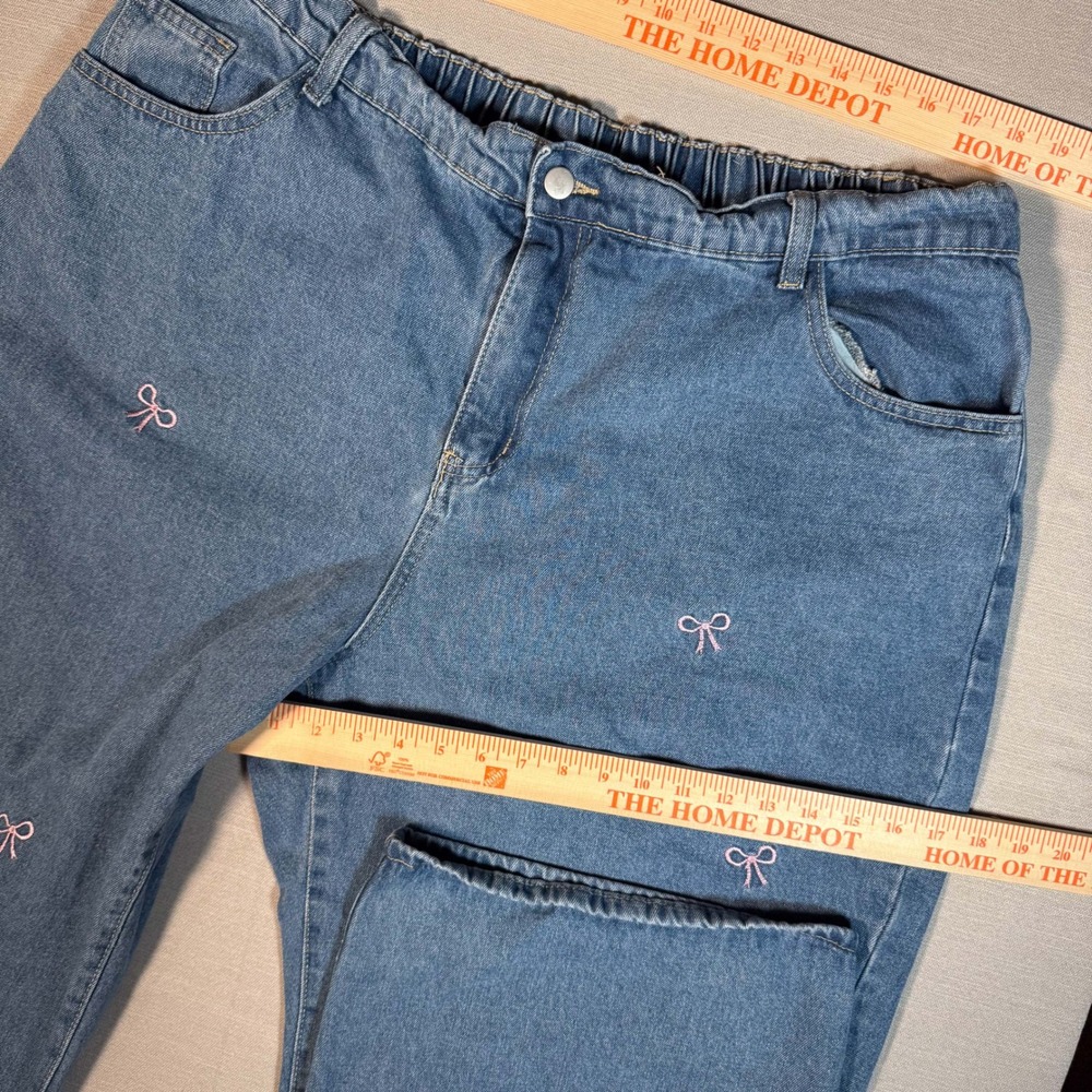 Pink Bow‎ Embroidered Wide Leg Jeans Medium Wash Coquette Denim XL